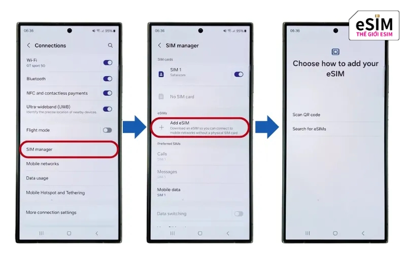 Vào Quản lý SIM, quét mã QR và bật Chuyển vùng dữ liệu để kết nối ngay eSIM trên Samsung Galaxy S22 Ultra